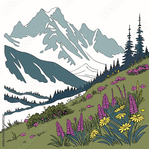 A mountain landscape with flowers and trees on a hillside