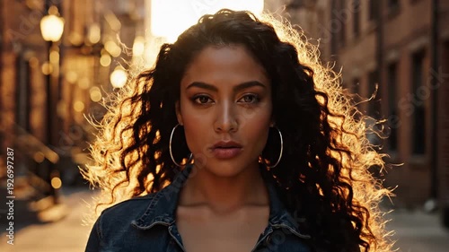Stylish Young Woman with Curly Hair and Hoop Earrings Walking on City Street at Sunset