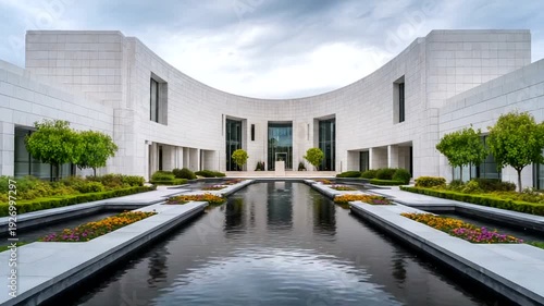 Modern architecture with reflecting pool and gardens