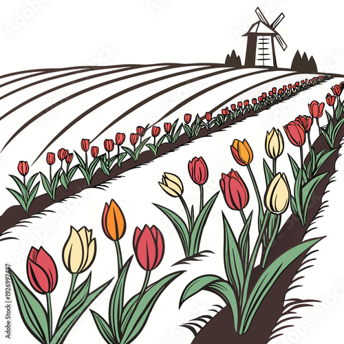 A colorful tulip field with a windmill in the background