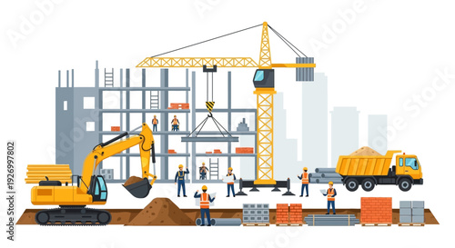 Construction Site with Workers and Heavy Machinery Building a Modern City Skyscraper. Urban Development and Engineering Project Flat Vector Illustration.