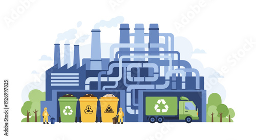 Eco-Friendly Industrial Recycling Plant: Waste Management, Segregation, and Collection with Workers and Truck for Sustainability