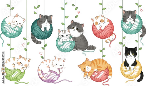 Adorable kittens cuddled up in colorful yarn balls with tiny hearts and leaves around