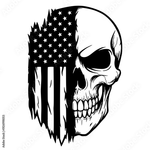 Distressed American Flag Skull Illustration With Stars And Stripes For Patriotic Fourth Of July Design T-shirt Print And Tactical Emblem Graphic