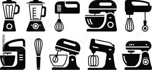 A set of mixer icons in black and white illustration style