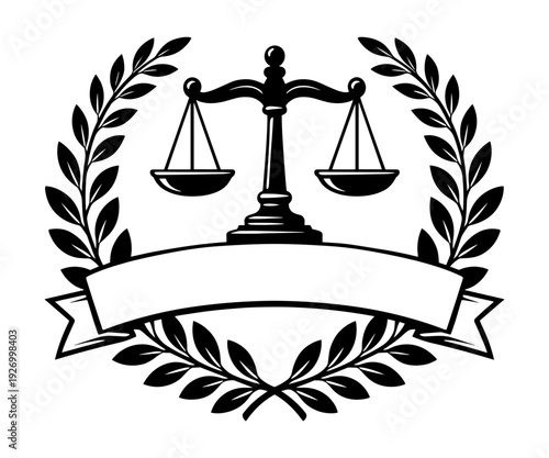 Scales Of Justice Split Frame With Laurel Wreath And Ribbon Banner For Legal Professional Logo Law Firm Branding And Judicial System Graphics