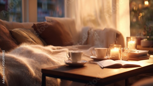 Soft morning setting with coffee cups and candles on a wooden table near a cozy couch