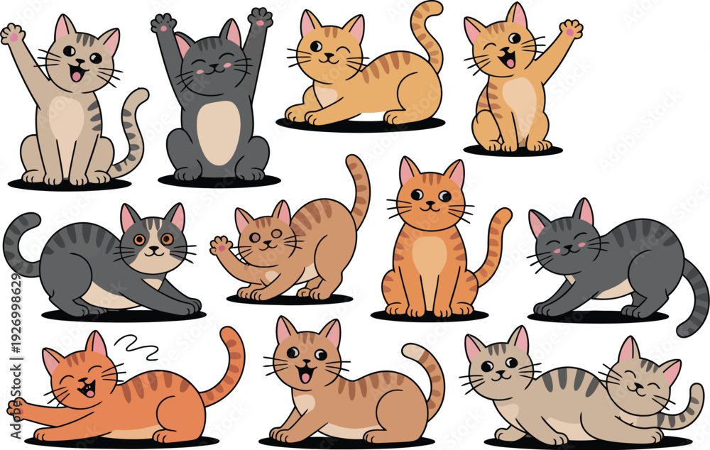Fototapeta premium A set of cartoon cat illustrations in various playful poses and colors