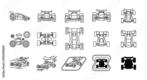 Collection of race cars in various perspectives, showcasing design and engineering.