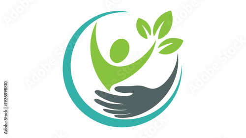 Hands cradling a globe with a growing plant and human figure symbolizing global care and sustainability