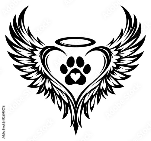 Angel Wings Heart And Paw Print Memorial Illustration Featuring A Halo Symbol For Pet Loss Remembrance Sympathy Cards And Animal Lover Memorial Tributes In A Clean Line Style