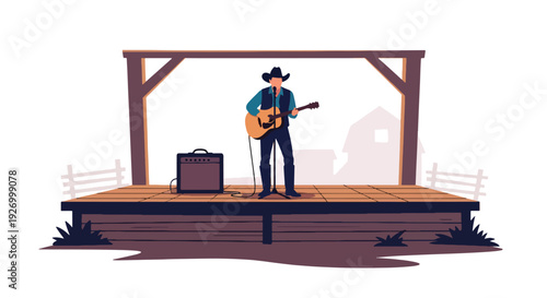 Modern vector illustration of country music performance with guitarist in cowboy hat on wooden stage celebrating traditional American rural culture and live entertainment