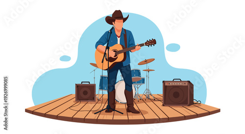 Modern vector illustration of country music performance with guitarist in cowboy hat on wooden stage celebrating traditional American rural culture and live entertainment