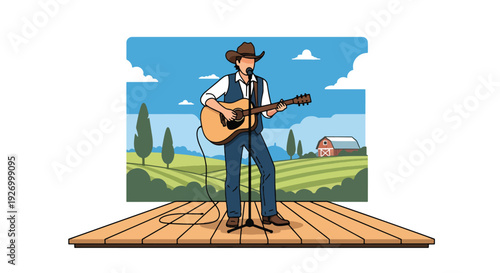 Modern vector illustration of country music performance with guitarist in cowboy hat on wooden stage celebrating traditional American rural culture and live entertainment