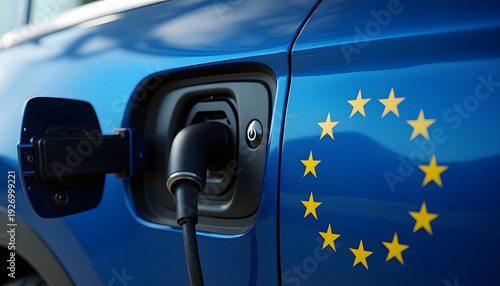 Electric car with EU flag charging port connected to power cable, symbolizing green energy