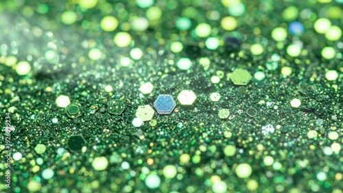 Vibrant Green Glitter Sparkles with Hexagonal and Circular Embrilliance for Festive or Glamorous Design Concepts