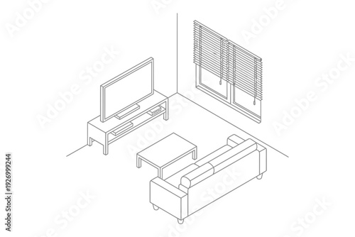 Furniture living room set with sofa, TV and coffee table in isometric view