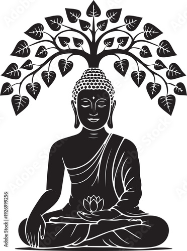 Buddha silhouette meditating under bodhi tree with lotus flower icon