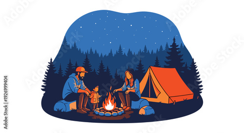 Modern vector illustration of American family camping in national park with tent and campfire representing outdoor adventure, nature tradition and travel lifestyle