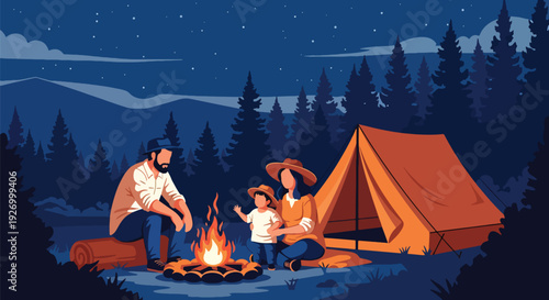 Modern vector illustration of American family camping in national park with tent and campfire representing outdoor adventure, nature tradition and travel lifestyle
