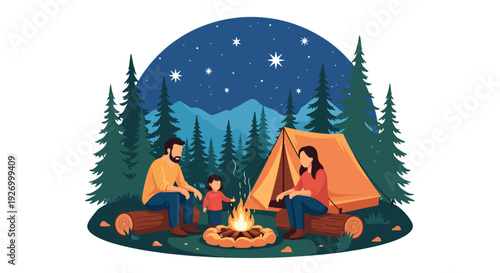 Modern vector illustration of American family camping in national park with tent and campfire representing outdoor adventure, nature tradition and travel lifestyle
