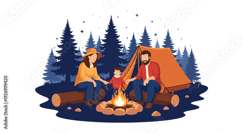 Modern vector illustration of American family camping in national park with tent and campfire representing outdoor adventure, nature tradition and travel lifestyle