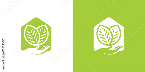 Green house logo with leaves and hand representing nature and care.