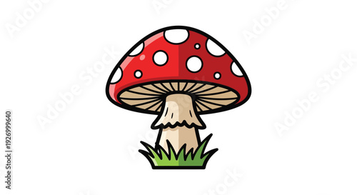 A vibrant cartoon illustration of a red and white spotted mushroom growing from grass presented as a silhouette high quality professional