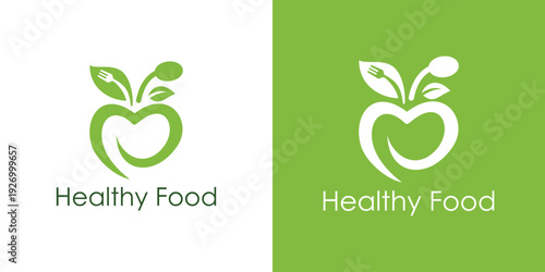 Healthy Food Logo Design with Apple and Leaves on Green Background.