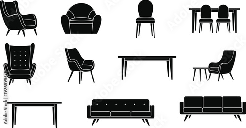 Collection of black furniture silhouettes featuring modern armchairs comfortable sofas dining tables and stylish chairs isolated on white background for design