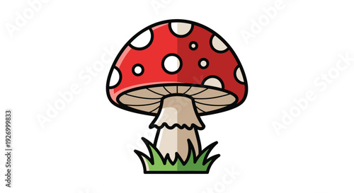 A vibrant cartoon image depicts a classic red mushroom with white spots growing in green grass silhouette high quality professional detailed