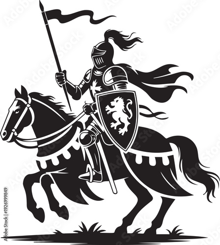 Knight riding horse with flag and shield