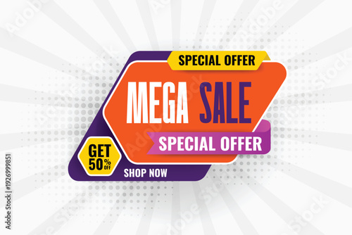 mega sale banner, special offer price, 50% off label design product discount festival tag