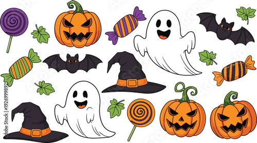 Collection of colorful Halloween illustrations featuring spooky ghosts jack o lantern pumpkins bats witch hats and sweet candy for holiday design