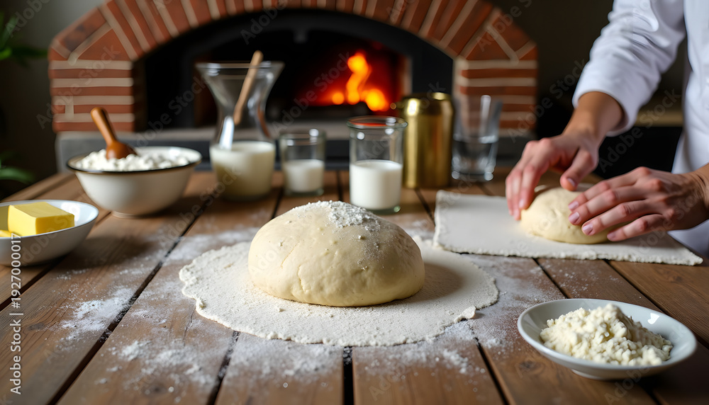 Fototapeta premium Baker preparing dough for baking in a rustic kitchen with a wood-fired oven