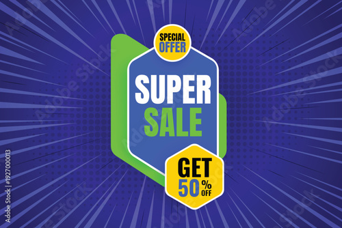 super sale banner special offer get 50% discount with dark blue background
