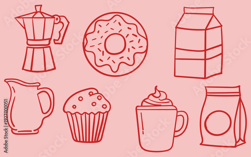 Coffee Bakery Doodle Icons Set Outline Breakfast Food Elements vector