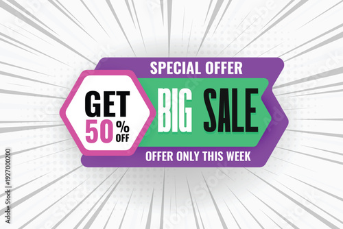 BIG sale banner with geometric white background ,special offer price, 50% off festival tag with white background