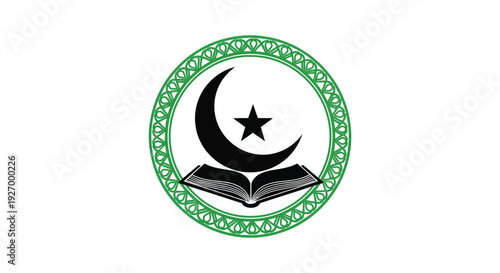 A circular emblem displays an open book crescent moon and star design evoking islamic symbolism silhouette high quality