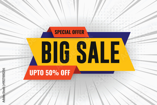 Creative big salebanner design geometric white background ,special offer price, 50% off, product discount festival tag with white background