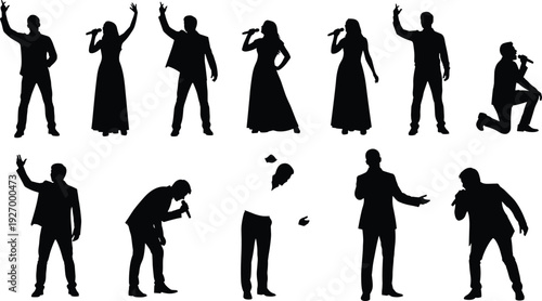 Singer, collection, performer, musician, people, silhouette, flavector, stage, microphone, group, concert, music, entertainment show, vocalist, karaoke, pop, rock, jazz, artist