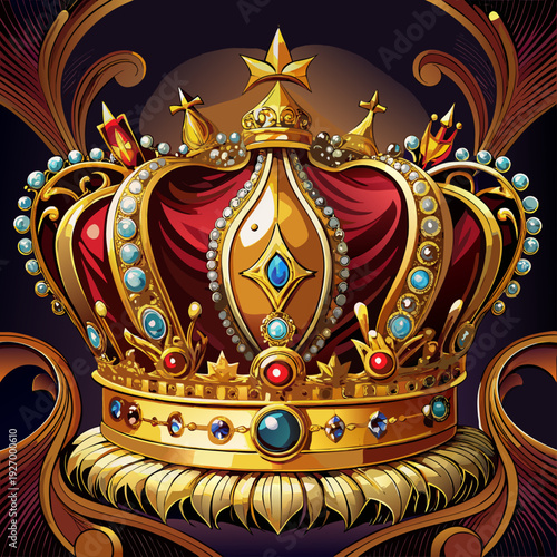 Very beautiful close-up portrait of a golden royal crown with intricate details and shining gems, symbolizing authority, leadership, prestige, and supreme sovereignty.