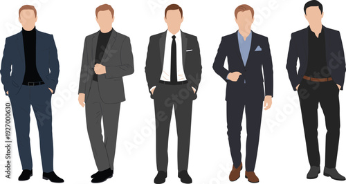 Elegant businessmen in tailored suits, modern minimalist male corporate fashion illustration collection isolated on white background