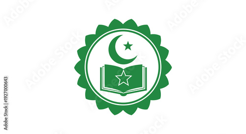 A vibrant green emblem displaying a crescent moon star and open book a distinctive silhouette high quality professional