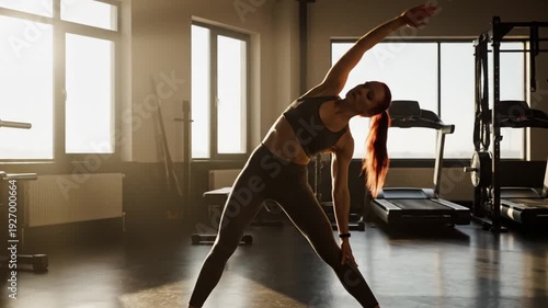 Young Female Dancer in a Modern Gym Engaged in Dynamic Stretching for Flexibility and Fitness