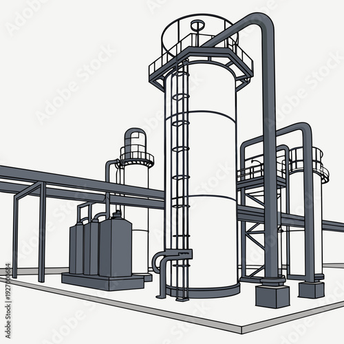 Industrial facility with large cylindrical tank and pipeline structure