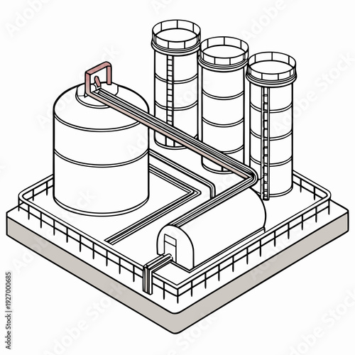An industrial site with several cylindrical storage tanks