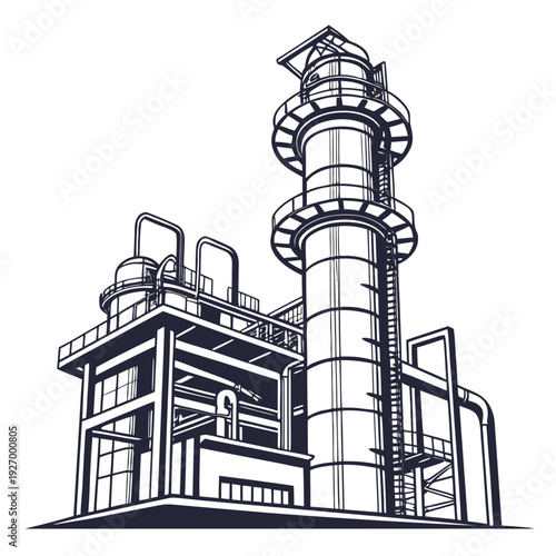 A large industrial building with a tall smokestack