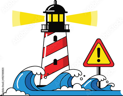 Lighthouse with warning sign and ocean waves flat vector illustration for maritime safety storm danger navigation concept