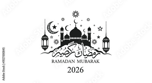 A festive ramadan kareem greeting with a mosque crescent moon and stars showcasing a dark silhouette high quality